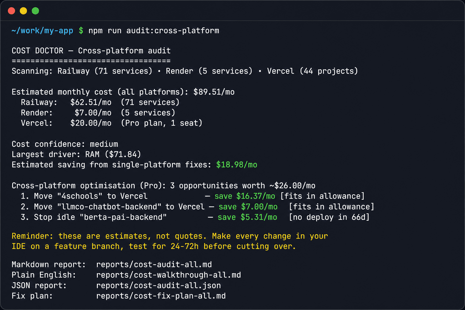 Cost Doctor CLI showing cross-platform audit results with 3 opportunities worth $26/mo